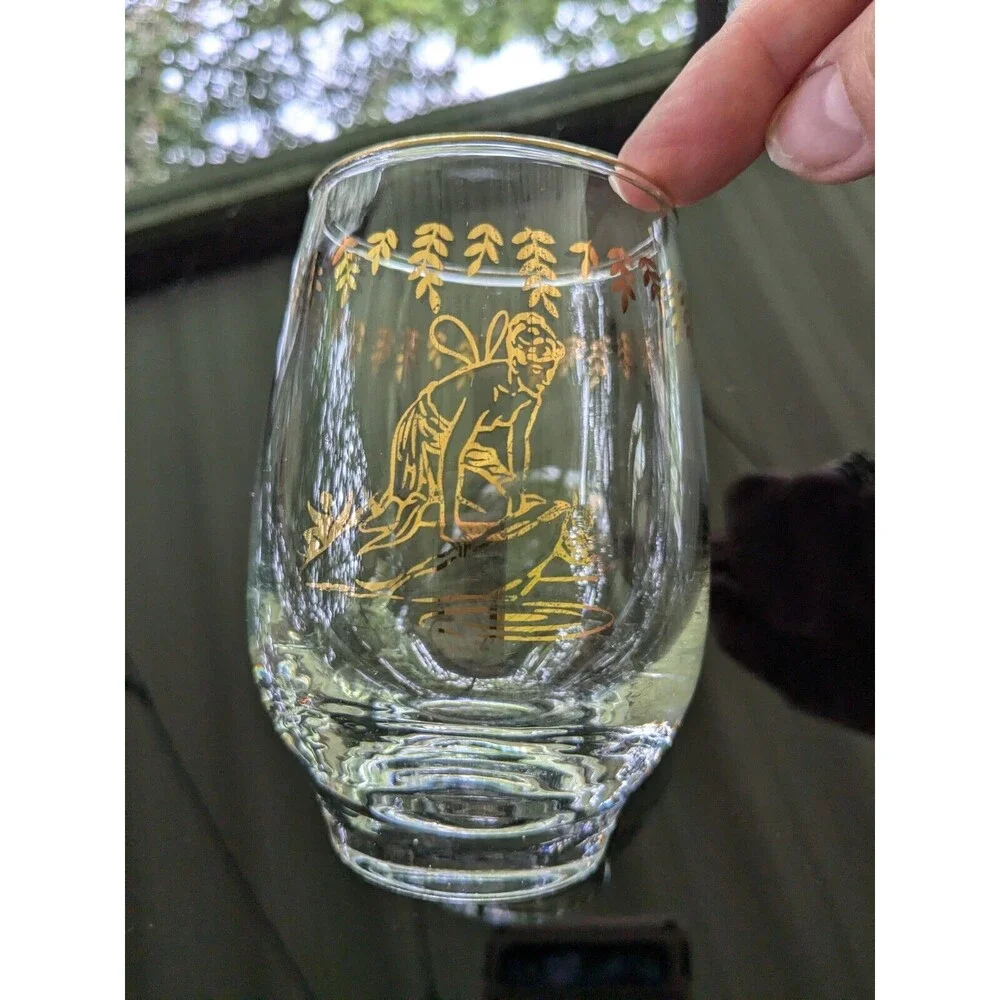 White Rock Tumblers Set 4 Nymph Fairy VTG GingerAle Gold Paint Glass MCM 50s 60s